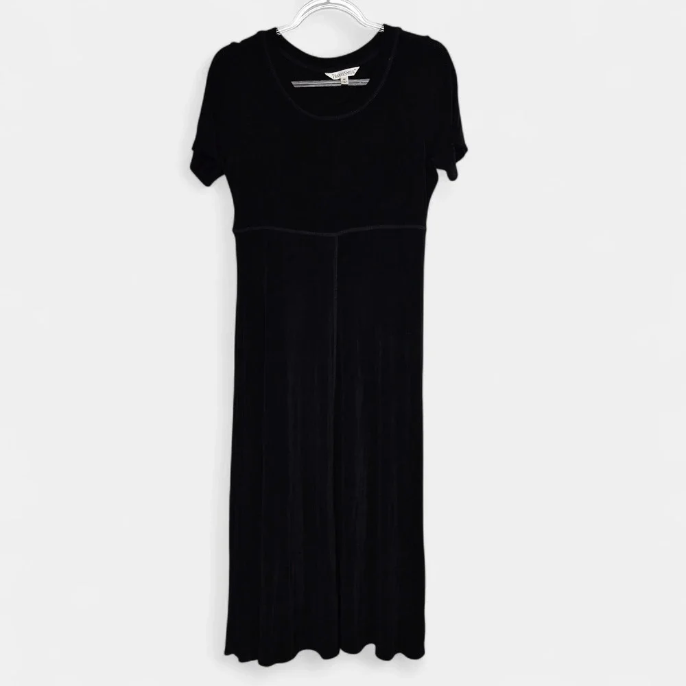 TravelSmith Womens Size M Black Empire Waist Ribbed‎ Midi Dress Short Sleeve